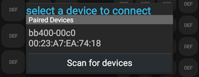 Android Bluetooth Serial Controller app showing BB-400 listed under Paired Devices with MAC address