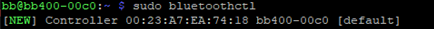 BB-400 terminal running sudo bluetoothctl showing controller MAC address and default status