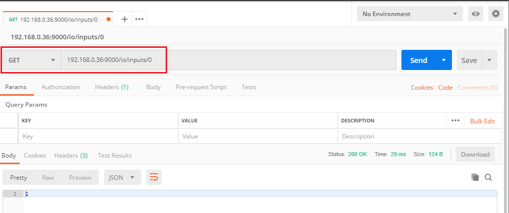 Postman GET request to BB-400 /io/inputs/0 returning single input state value, status 200 OK