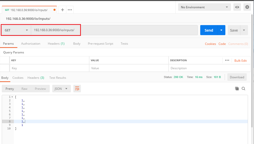 Postman GET request to BB-400 /io/inputs/ returning JSON array of all input states, status 200 OK