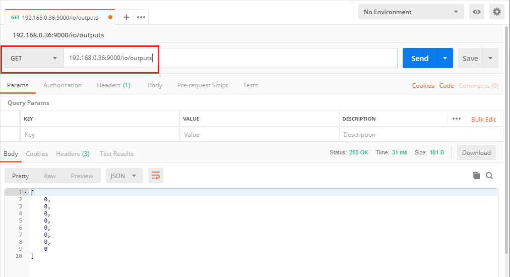 Postman GET request to BB-400 /io/outputs returning JSON array of all output states, status 200 OK