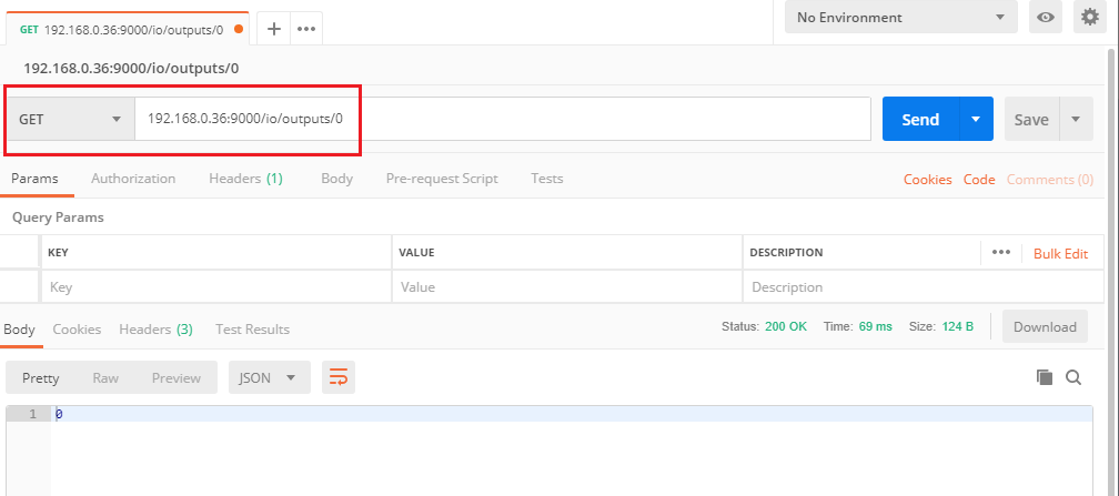 Postman GET request to BB-400 /io/outputs/0 returning single output state value, status 200 OK