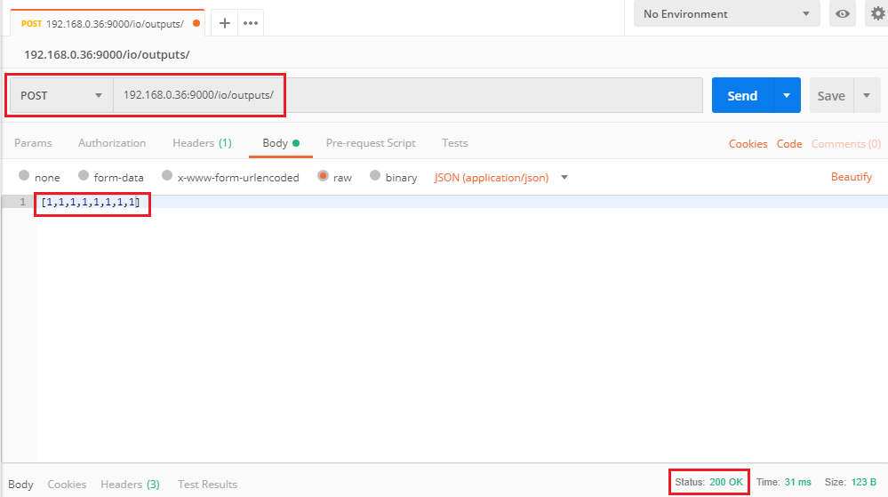 Postman POST request to BB-400 /io/outputs/ with JSON array body setting all outputs to 1, status 200 OK