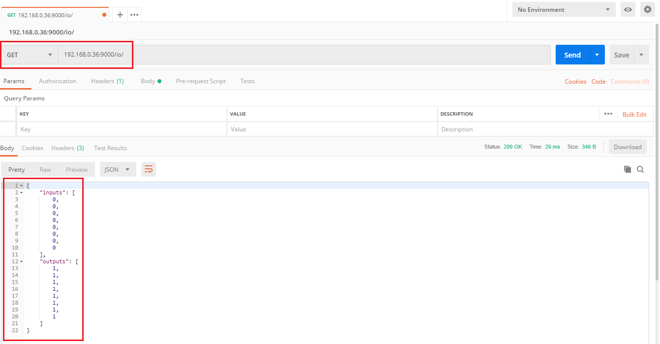 Postman GET request to BB-400 /io endpoint returning JSON with inputs and outputs arrays, status 200 OK