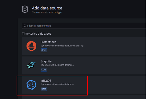 Grafana Add Data Source page with InfluxDB option highlighted under Time series databases
