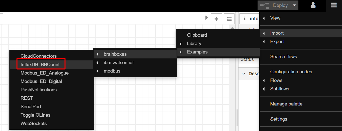 Node-RED import menu navigating to Import, Examples, Brainboxes, with InfluxDB_BBCount highlighted