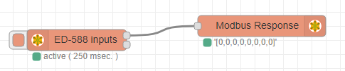 ED-588 Modbus Read connected to Response node Node-RED flow with ED-588 Inputs Modbus Read node connected to Modbus Response node displaying array of 8 zero values