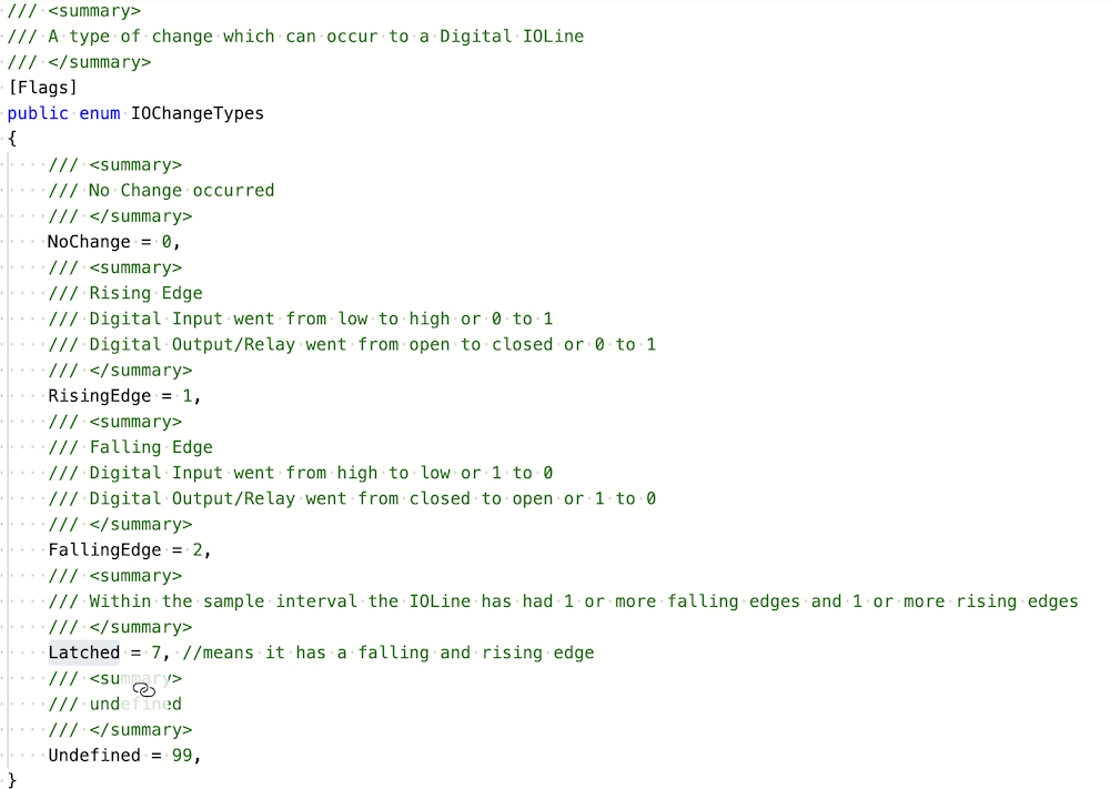 IOChangeTypes enum definition showing NoChange=0, RisingEdge=1, FallingEdge=2, Latched=7, and Undefined=99 values