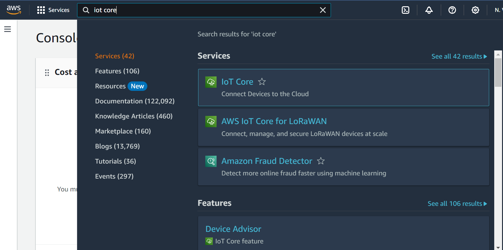 AWS Console search results for IoT Core, showing the IoT Core service highlighted under Services