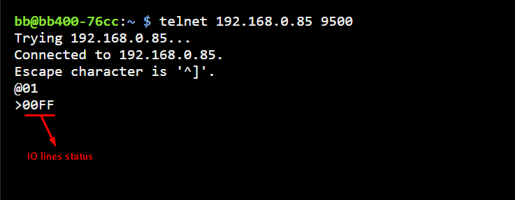Linux telnet session showing @01 command with IO lines status response >00FF