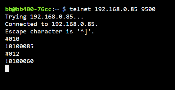 Linux telnet session showing #010 and #012 input count commands with responses