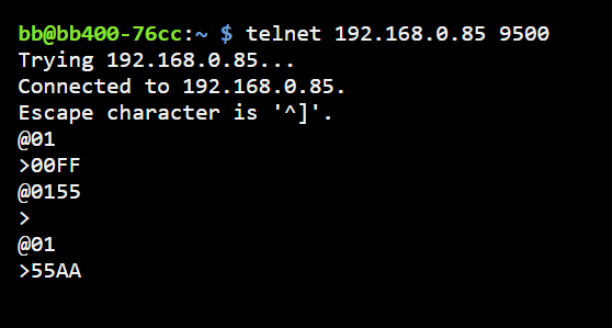 Linux telnet session showing @0155 write command and @01 read confirming output value 55AA