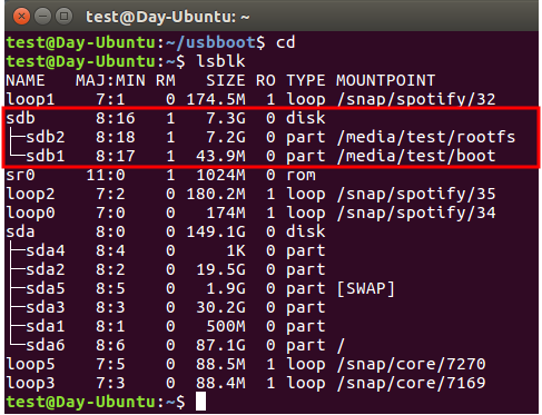 Linux terminal lsblk output with BB-400 identified as /dev/sdb (7.3G) with rootfs and boot partitions highlighted