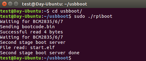 Linux terminal running RPi-Boot showing successful boot sequence with bootcode.bin sent and second stage boot server done