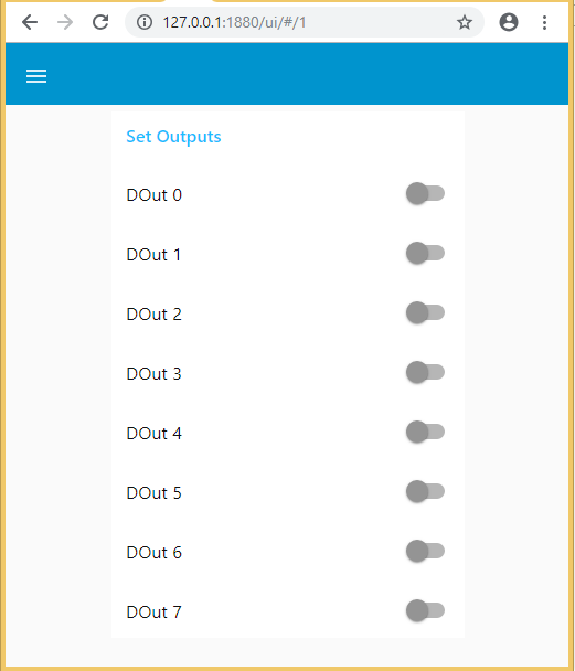 Node-RED dashboard with output toggle switches Node-RED dashboard at localhost:1880/ui showing 8 toggle switches (DOut 0-7) all in the off position