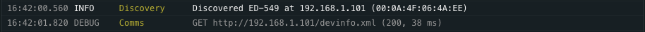 Two log entries close-up. First: '15:42:01.845 DEBUG Xml — Parsed devinfo.xml: 1 model, 12 IO lines, fwApp 2.0.1' showing a successful parse. Second: '15:42:02.410 INFO Catalogue — Firmware update available for ED-549: 2.0.1 → 2.1.0' showing an informational catalogue update.