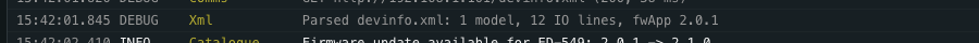 Two log entries close-up. First: '15:42:01.845 DEBUG Xml — Parsed devinfo.xml: 1 model, 12 IO lines, fwApp 2.0.1' showing a successful parse. Second: '15:42:02.410 INFO Catalogue — Firmware update available for ED-549: 2.0.1 → 2.1.0' showing an informational catalogue update.
