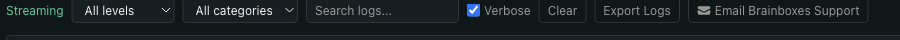 Logs panel toolbar close-up: Streaming indicator, an All levels dropdown, an All categories dropdown, a search input, a Verbose checkbox, then Clear, Export Logs, and Email Brainboxes Support buttons