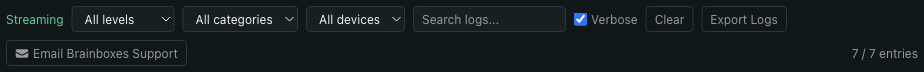 Logs panel toolbar close-up: Streaming indicator, an All levels dropdown, an All categories dropdown, a search input, a Verbose checkbox, then Clear, Export Logs, and Email Brainboxes Support buttons