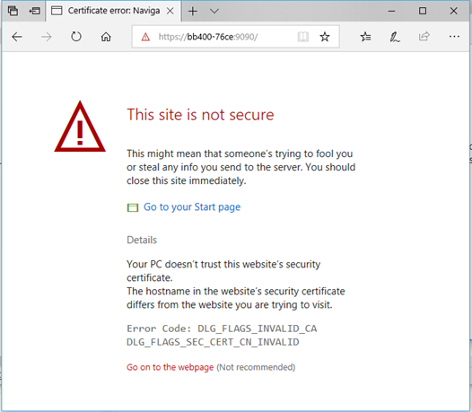 Microsoft Edge certificate error with Details expanded showing Go on to the webpage link
