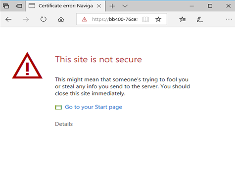 Microsoft Edge certificate error page showing This site is not secure warning for BB-400