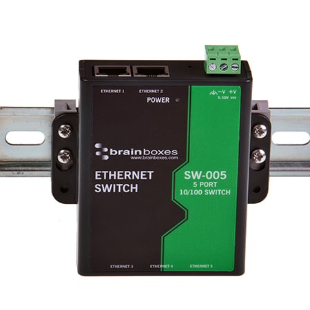 Brainboxes SW-005 Ethernet switch mounted on DIN rail using MK-048 clips
