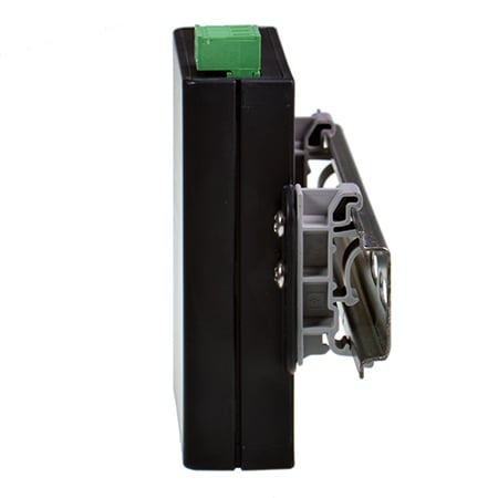 SW-005 side profile showing MK-048 clip and DIN rail attachment