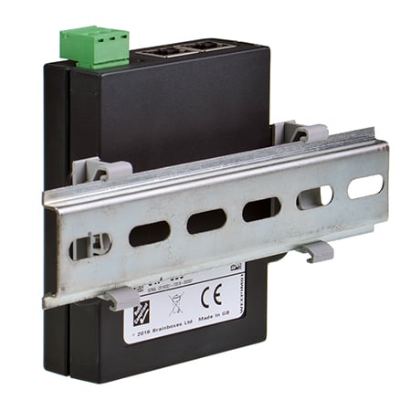 SW-005 mounted on DIN rail via MK-048 clips, rear angle view