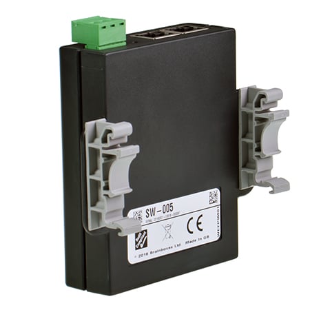 SW-005 rear view with MK-048 clips attached showing DIN rail mounting points