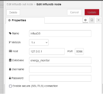 Node-RED InfluxDB node configuration with host 127.0.0.1, port 8086, and database set to energy_monitor