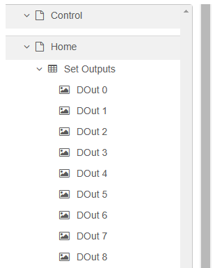 Dashboard sidebar Layout tab Node-RED dashboard Layout tab listing DOut 0 through DOut 8 switch widgets under Set Outputs group