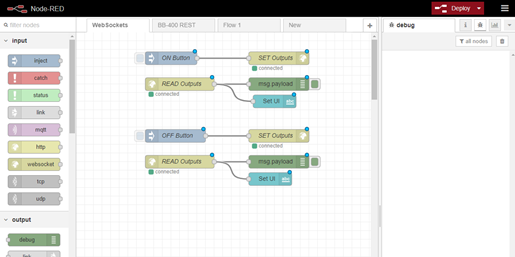 Node-RED editor on BB-400 showing example flows with ON/OFF buttons, SET and READ Outputs nodes, and debug sidebar