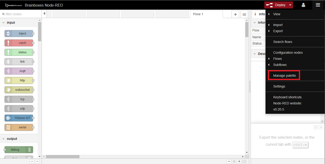 BB-400 Node-RED editor with hamburger menu open and Manage palette option highlighted