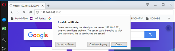 Opera invalid certificate warning for BB-400 with Continue Anyway and Cancel buttons