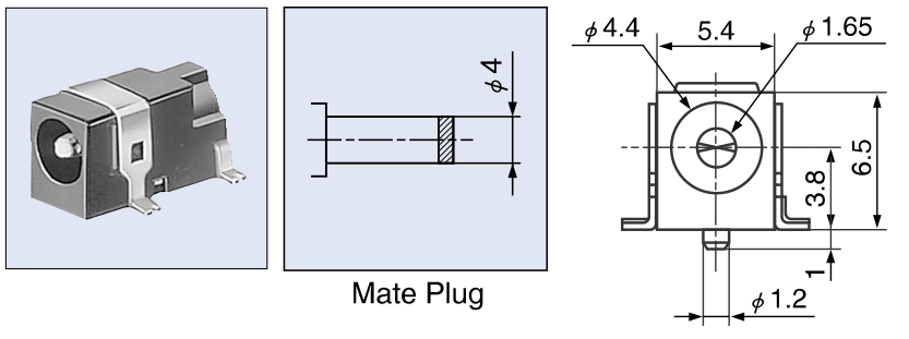 Power connector for BL-830-819 ES-246-257-313-320-701-279 EIAJ RC-5320A power connector for ES and BL series showing socket photo, mate plug cross-section, and dimensional drawing with 1.65mm inner pin and 4.4mm socket diameter