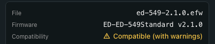 Pre-flight dialog verdict block: rows for File (ed-549-2.1.0.efw), Firmware (ED-ED-549Standard v2.1.0), and Compatibility showing the amber 'Compatible (with warnings)' verdict