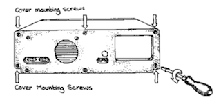 Diagram of PC rear panel showing locations of cover mounting screws to remove before opening the case