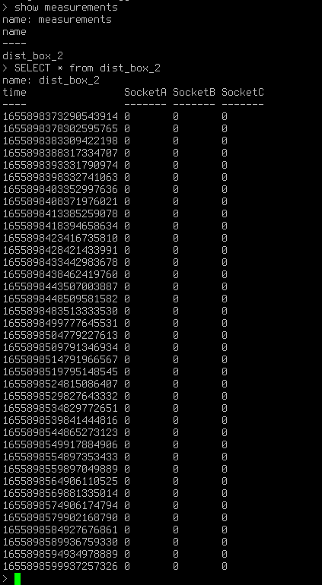 InfluxDB CLI showing measurements and SELECT query results from dist_box_2 with SocketA, SocketB, and SocketC columns