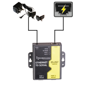 Standard Ethernet to Serial device ES-257 (2xRS232) can still recieve data from the Ethernet port, but needs to be connected to a separate power source.