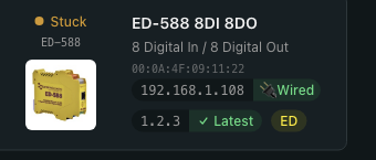 Single ED-588 device card with an amber 'Stuck' status indicator and dot in the top-left, distinguishing it from the green 'Online' or grey 'Offline' state
