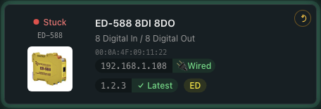 Single ED-588 device card with an amber 'Stuck' status indicator and dot in the top-left, distinguishing it from the green 'Online' or grey 'Offline' state