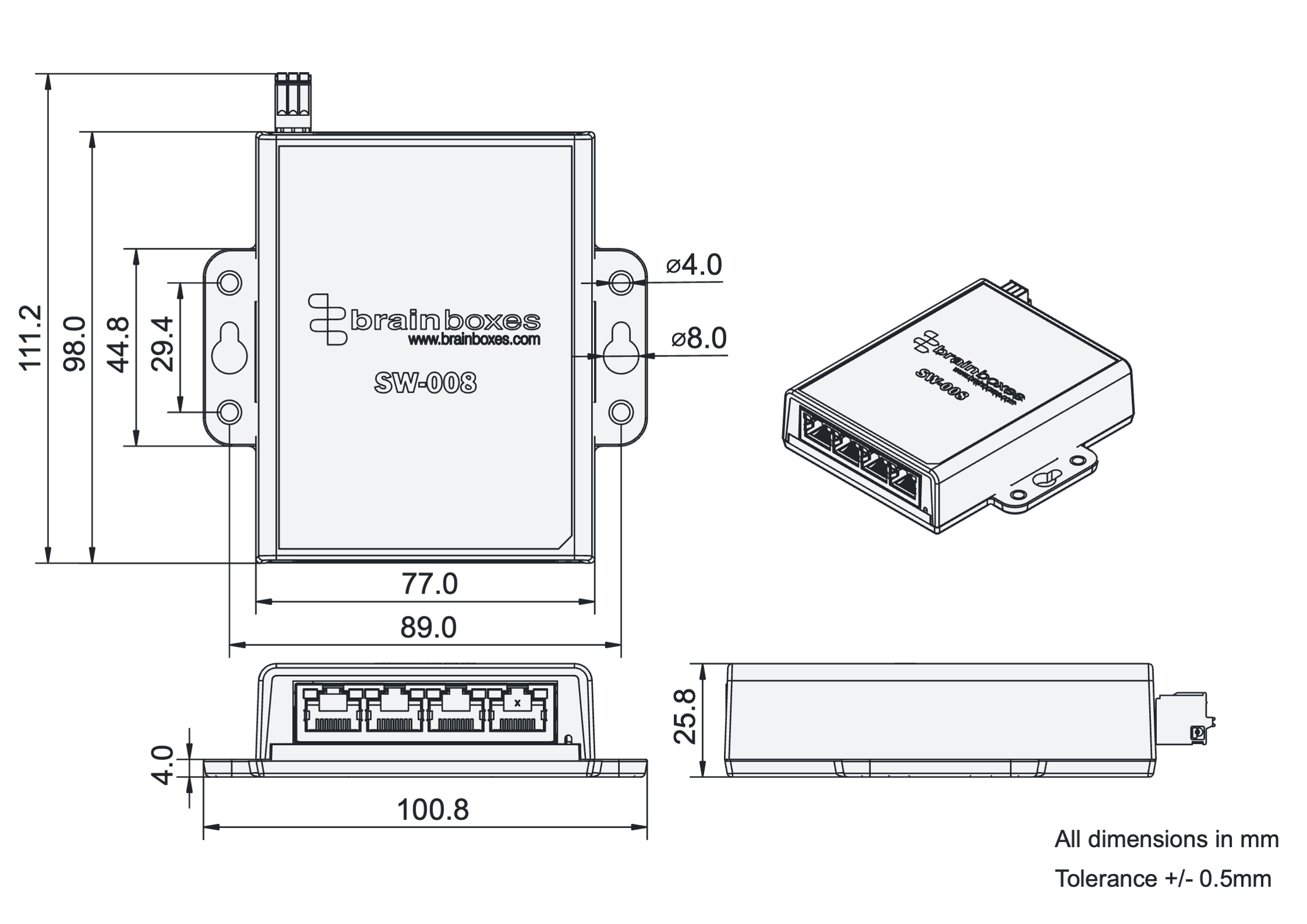 SW-008 enclosure 2D dimensioned drawing