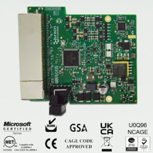 Brainboxes SW-135 PoE Ethernet switch circuit board with accreditation logos including MET, CE, RoHS, UKCA, and GSA
