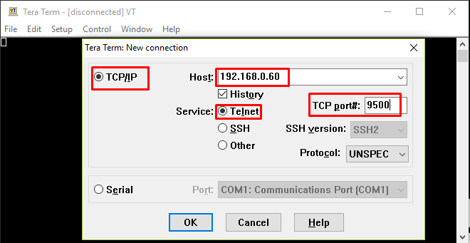 Tera Term new connection dialog with TCP/IP, Telnet, and port 9500 settings highlighted