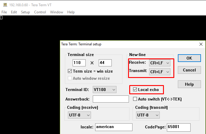 Tera Term terminal setup with CR+LF new-line and local echo settings highlighted