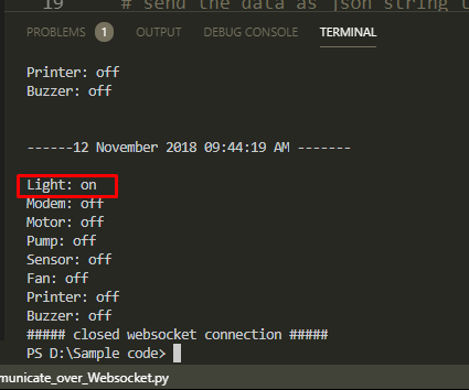 Terminal showing Light output toggled on while other BB-400 IO lines remain off