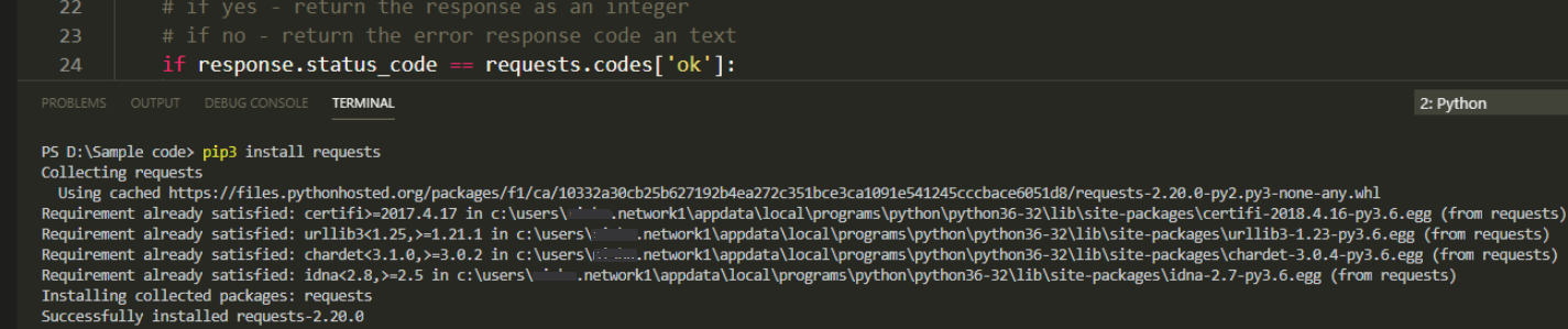 Terminal output showing pip3 install requests completing successfully