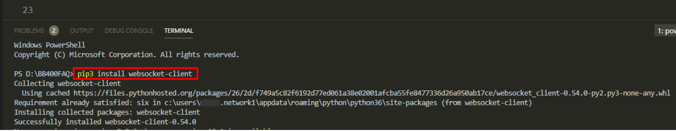 Terminal output showing pip3 install websocket-client completing successfully