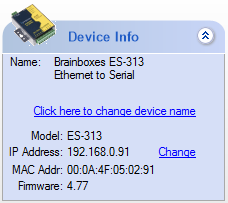Brainboxes ES-313 device info panel showing model ES-313, IP address 192.168.0.91, and firmware version 4.77