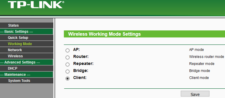 TP-Link Nano wireless working mode settings page with Client mode selected
